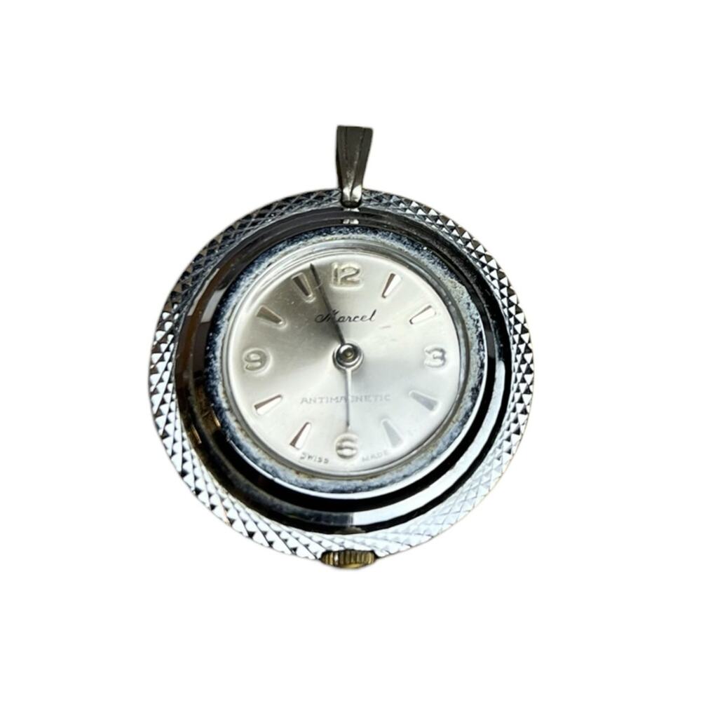 Vintage Marcel Swiss Pendant Watch Antimagnetic Mechanical Silver Tone Necklace